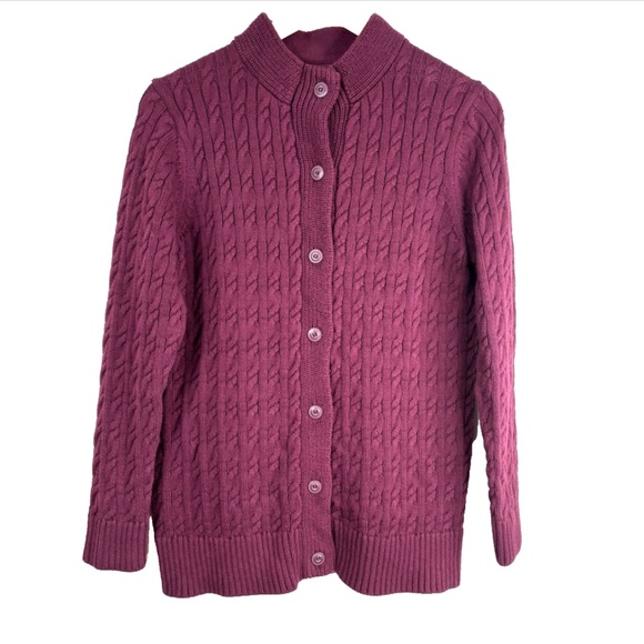 LL Bean Cable Knit Cardigan M Christmas Burgundy Preppy Granny Fisherman Cottage - Picture 9 of 9